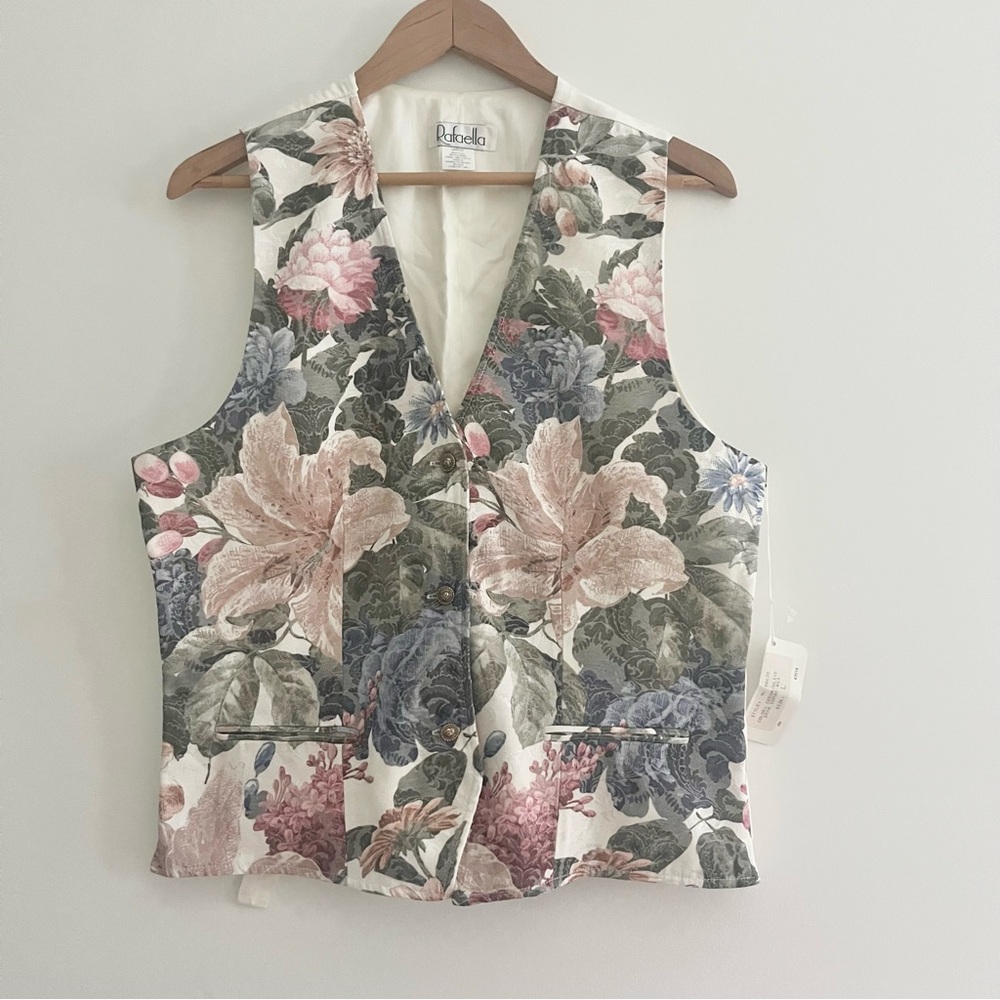 NWT Vintage Rafaella Jacquard Floral Vest Women’s Large Pastel Silver Buttons
